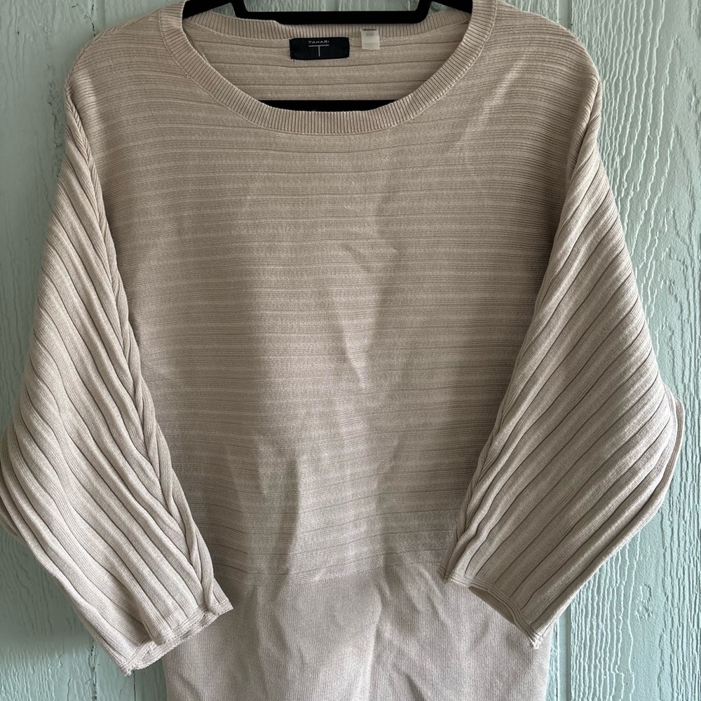 Tahari Cream Ribbed Crew Neck Sweater